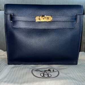 HERMES KELLY DANSE NAVY BAG WITH GOLD HARDWARE